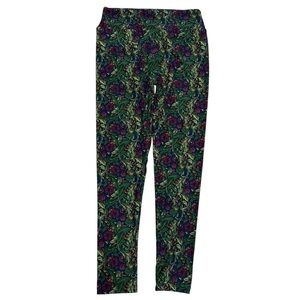 LuLaRoe One Size Blue Green Floral Scrollwork Leaf Stretch Leggings Buttery Soft